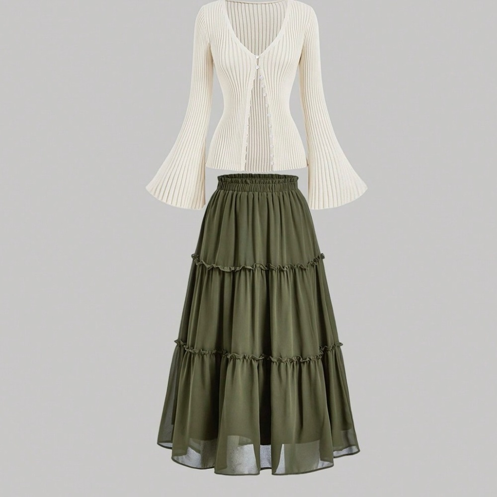 Boutique -Olive Green Tier Ruffle Hem Layer
Maxi Skirt-NWOT-Sz L-Boho-Gypsy - Picture 2 of 11
